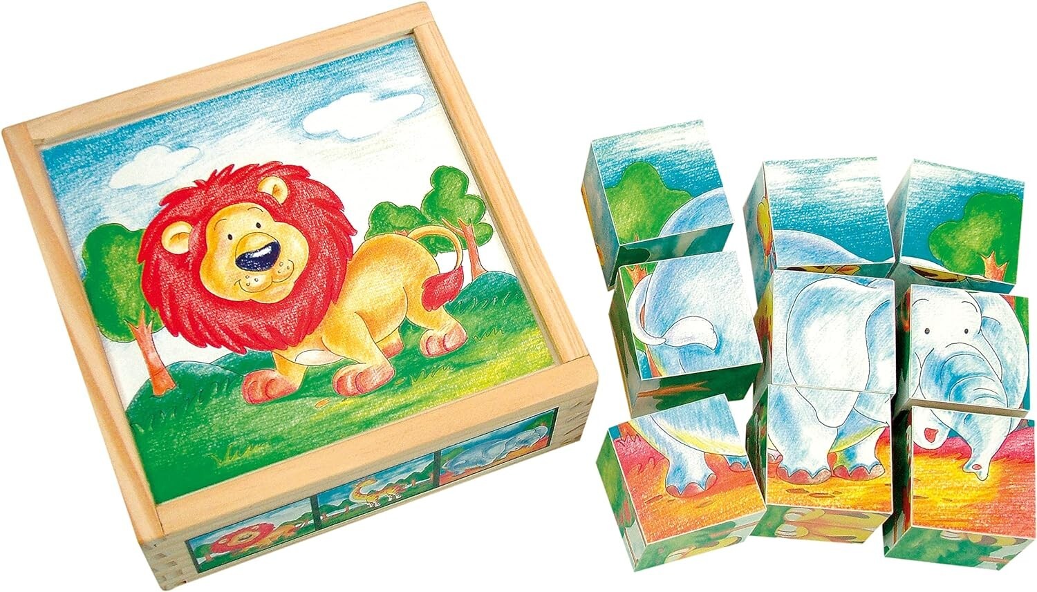 Bino 84174 - Bilderwürfel Wildtiere Puzzle 9-teilig Holz Holzbox mit Schiebedeckel