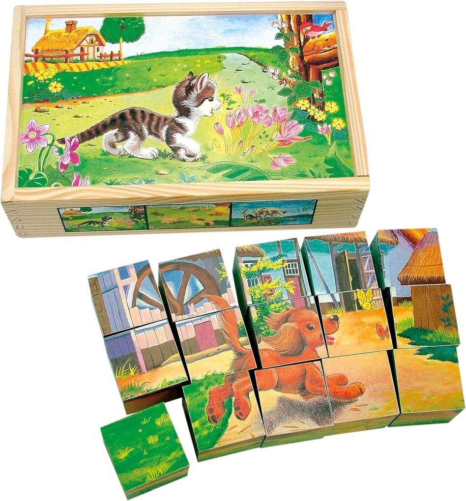 Bino 84175 - Bilderwürfel Haustiere 15-teilig Holz Holzbox mit Schiebedeckel