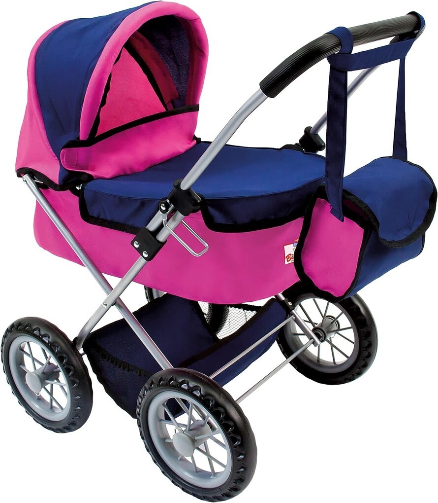 Bino 82911 - Puppenwagen mit Tasche Hängetasche und Netz zusammenklappbar rosa/blau