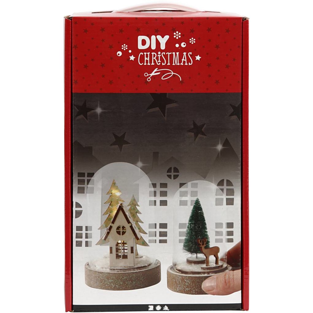 Creativ Company DIY Christmas Set für Deko-Szenen unter Plastikglocken Kreativ Box mit 2 Weihnachtsbäumchen Figuren zum Ausstanzen LED