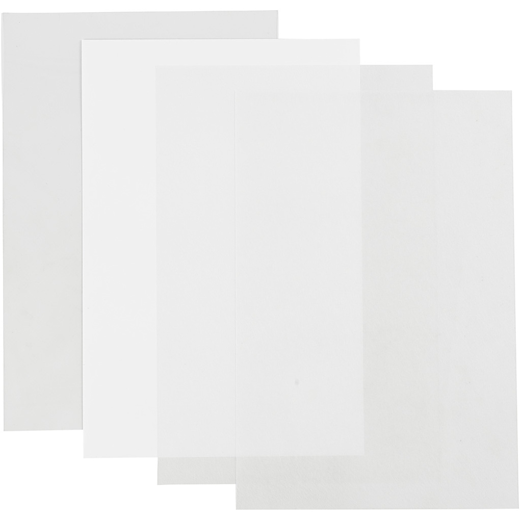 Creativ Company Schrumpffolienplatten Plastikschrumpfplatten Glänzend transparent Matt transparent Mattweiß 20x30 cm Dicke 03 mm 4 Blatt