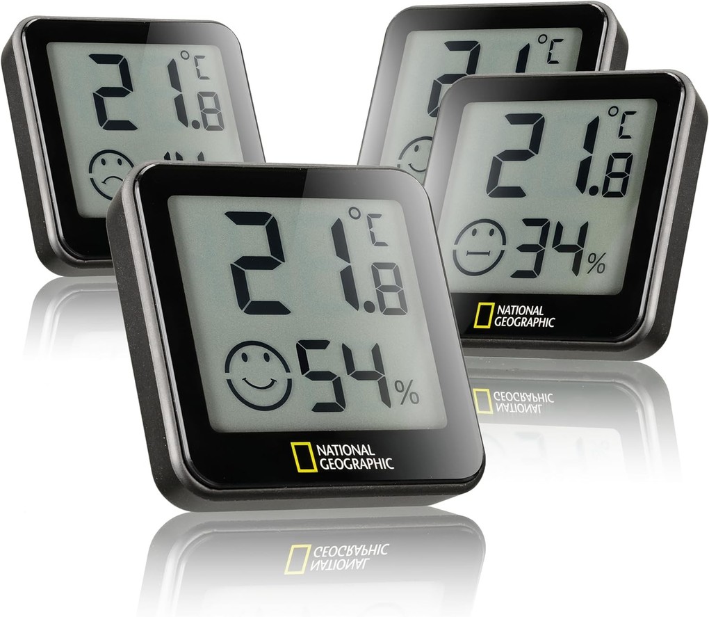 National Geographic 9070210 - Thermo-/Hygrometer Tempy 4er-Set Präzise Raumklima Überwachung Temperatur- und Luftfeuchtigkeitsmessgerät