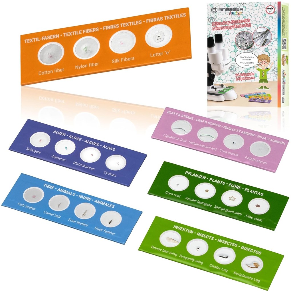 Bresser Junior 8859460 - Mikroskop-Starter-Set 24 Dauerpräparate auf 6 Objektträgern zu verschiedenen Themen
