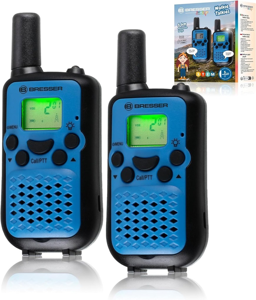 Bresser Junior 8811400 - Walkie Talkie 2er-Set Funkgeräte mit hoher Reichweite bis zu 6km Frei-Hand-Funktion und integrierter Taschenlampe Blau/Schwarz STEM