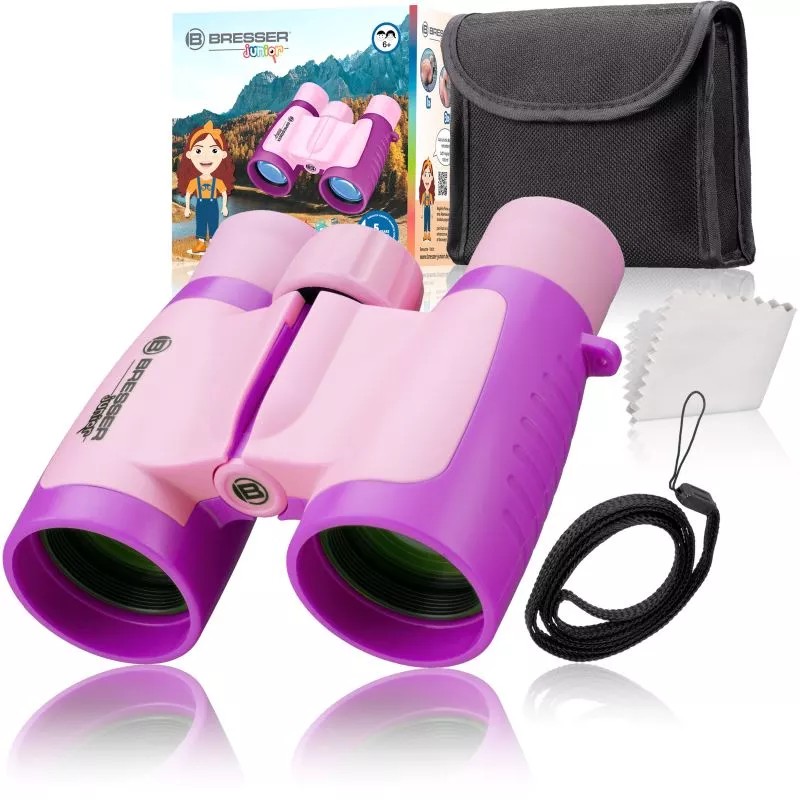 Bresser Junior 8880330 - Kinderfernglas 3x30 3-fache Vergrößerung 30mm Objektiv mit Tasche Tragriemen und Reinigungstuch pink STEM