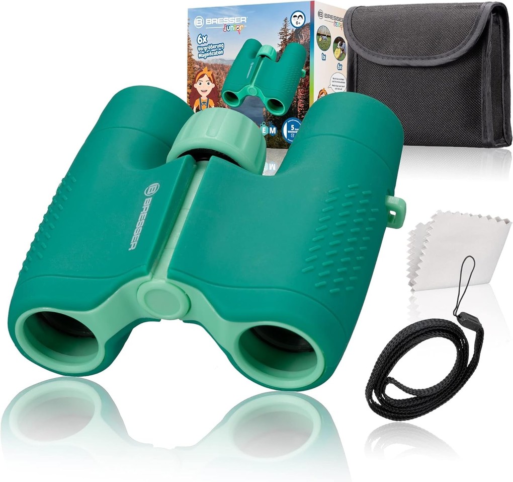 Bresser Junior 8810630B4K - Kinderfernglas 6x21 6-fach Vergrößerung 21mm Objektiv inkl. Tasche Tragriemen und Reinigungstuch grün