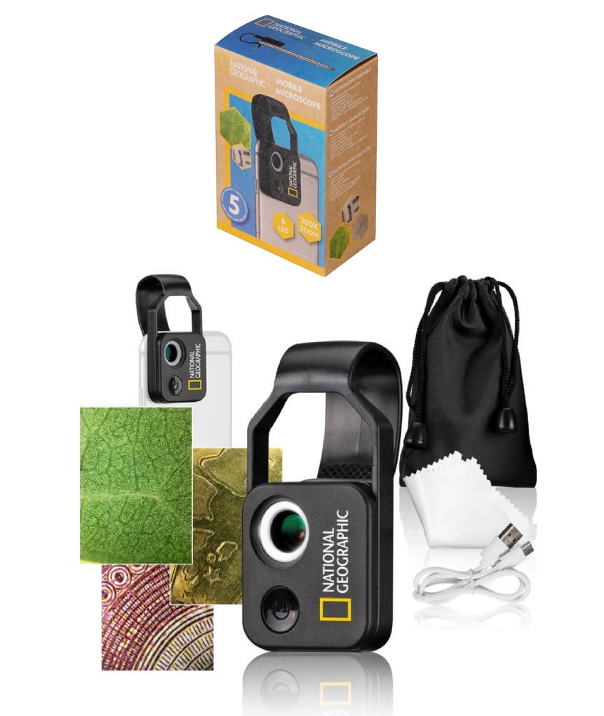 Bresser National Geographic 9118500 - Handy-Mikroskop 200x Mit 200-facher Vergrößerung Cpl-Filter Und 2-stufiger Beleuchtung