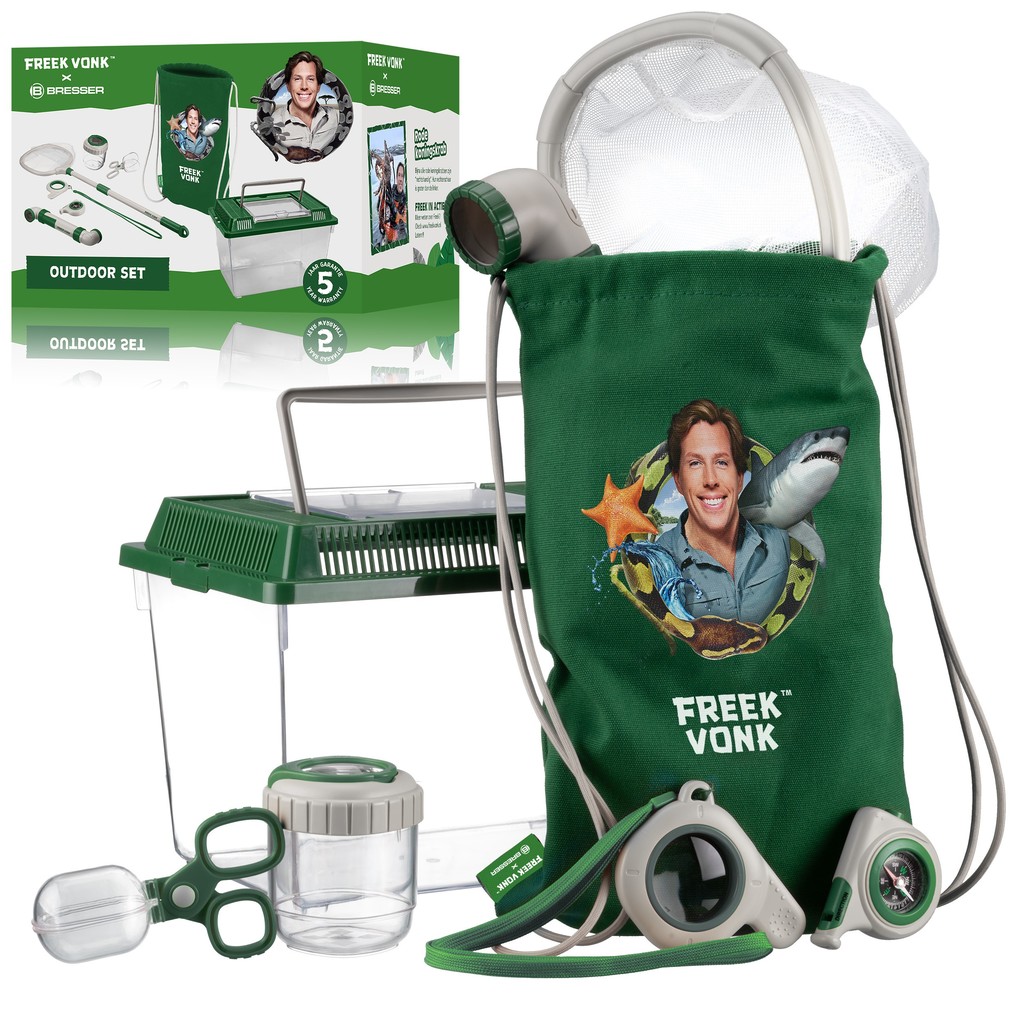 Freek Vonk 9820408 - BRESSER Outdoor-Set mit Terrarium Insekten-Fangnetz Periskop Sammelwerkzeug Kompass mit Pfeife Lupe Lupendose Tragebeutel 8-teilig