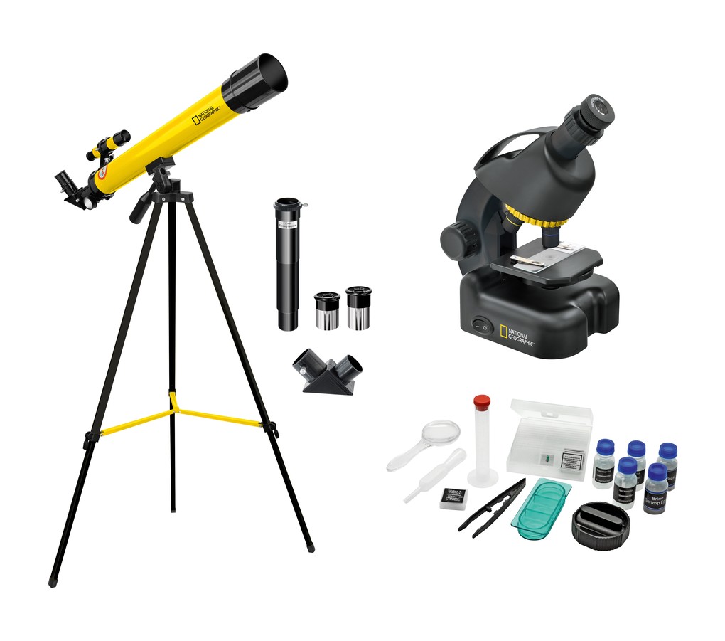 National Geographic 9118300 - Teleskop + Mikroskop Set für Einsteiger mit umfangreichen Zubehör gelb/schwarz Linsenteleskop