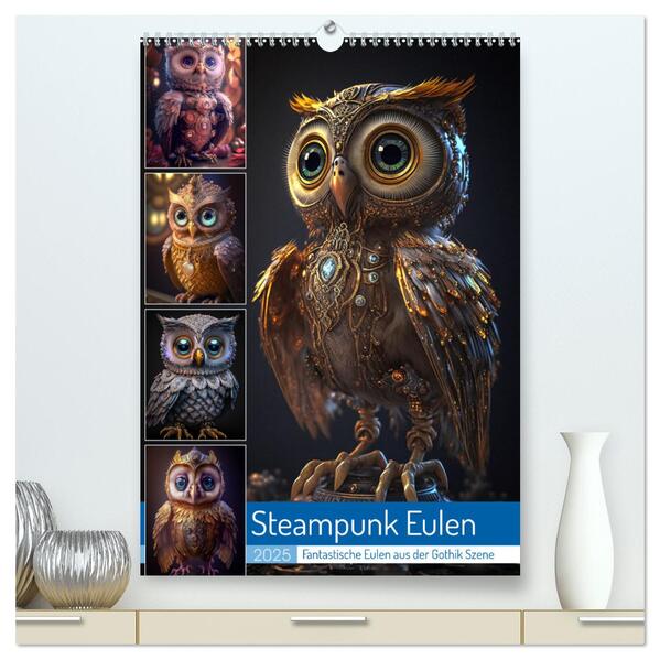 Steampunk Eulen (hochwertiger Premium Wandkalender 2025 DIN A2 hoch) Kunstdruck in Hochglanz