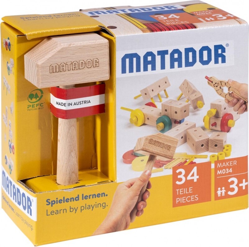 MATADOR 21034 - Maker M034 Baukasten Holz 34 Teile Konstruktionsbaukasten-Einstiegskasten ab 3 Jahren Spielend lernen!