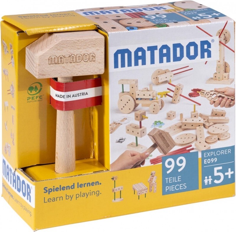 MATADOR 11099 - Explorer E099 Baukasten Holz 99 Teile Konstruktionsbaukasten ab 5 Jahren Spielend lernen!