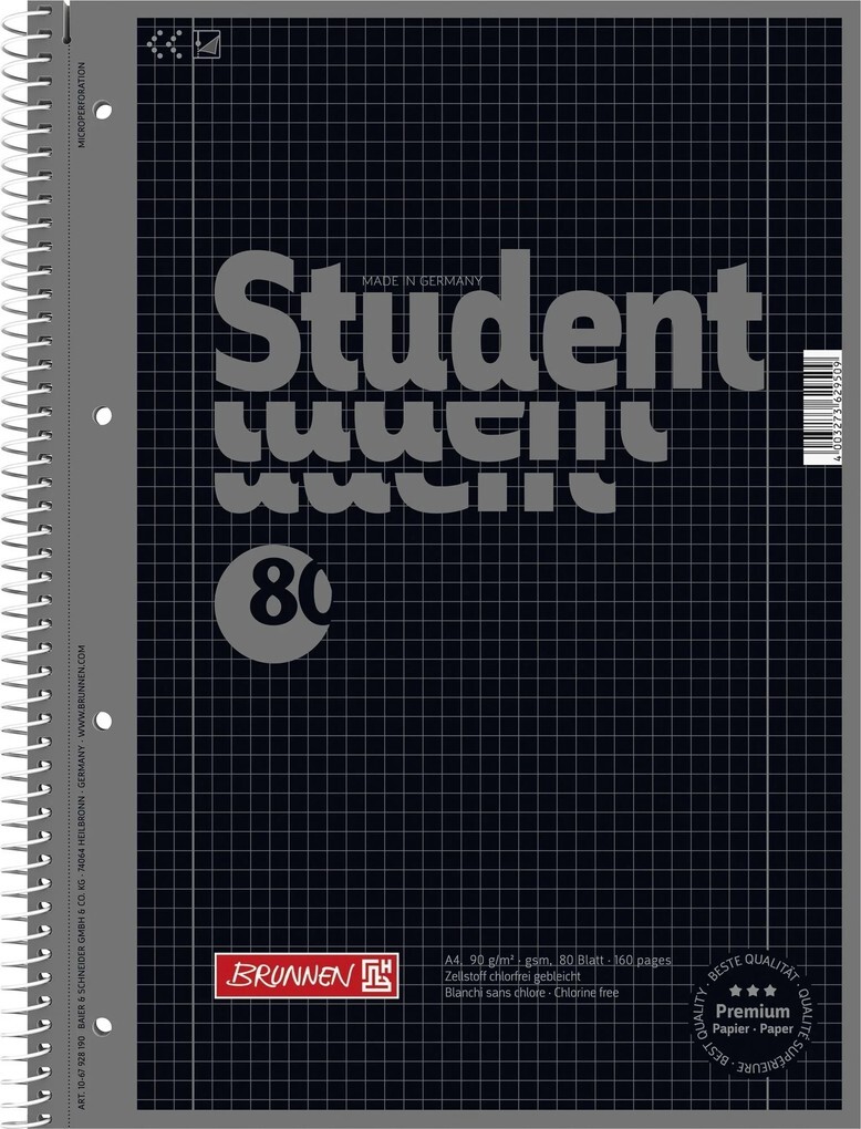 Brunnen Collegeblock Premium Student A4 kariert Lineatur 28 onyx 5er Set