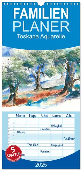 Familienplaner 2025 - Toskana Aquarelle mit 5 Spalten (Wandkalender 21 x 45 cm) CALVENDO