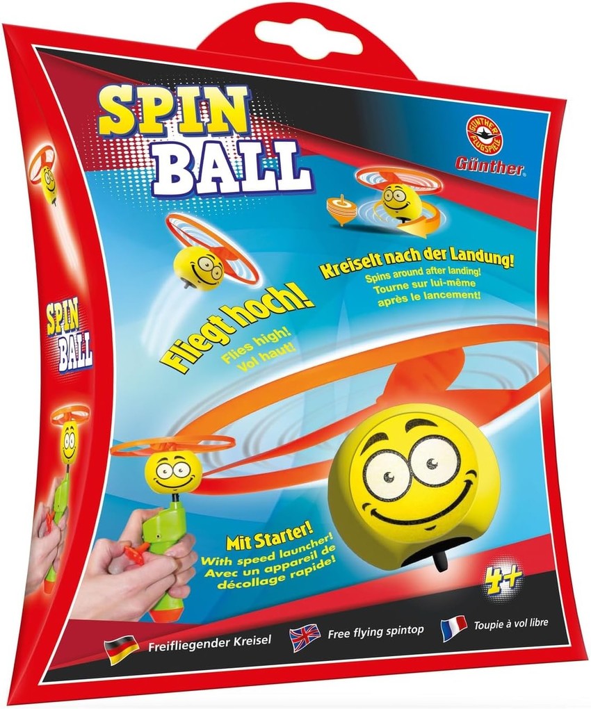Paul Günther 1638 - Spin Ball Freifliegender Kreisel mit Smiley Motiv mit Schnellstarter ab 4 Jahren