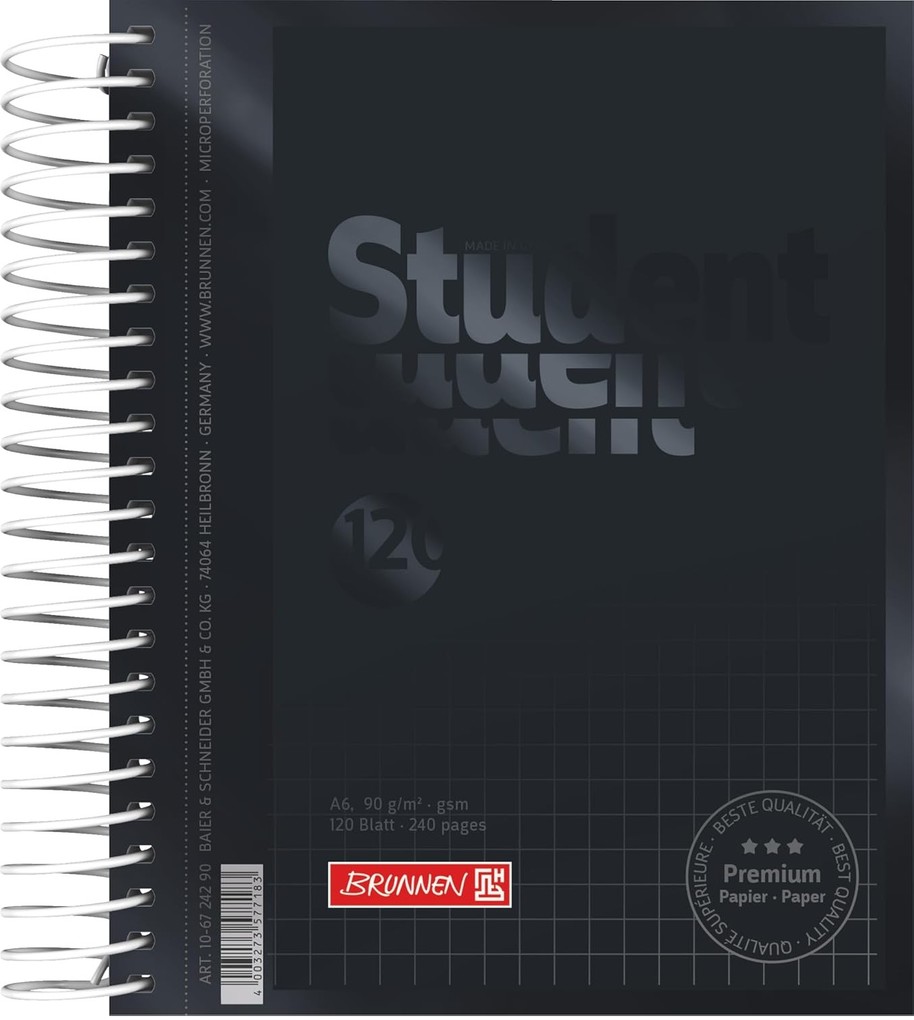 BRUNNEN Collegeblock Premium Student A6 kariert schwarz/onyx