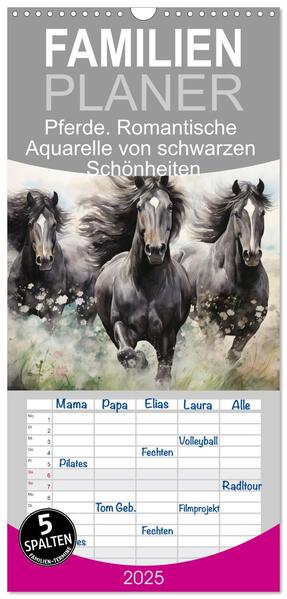 Familienplaner 2025 - Pferde. Romantische Aquarelle von schwarzen Schönheiten mit 5 Spalten (Wandkalender 21 x 45 cm) CALVENDO