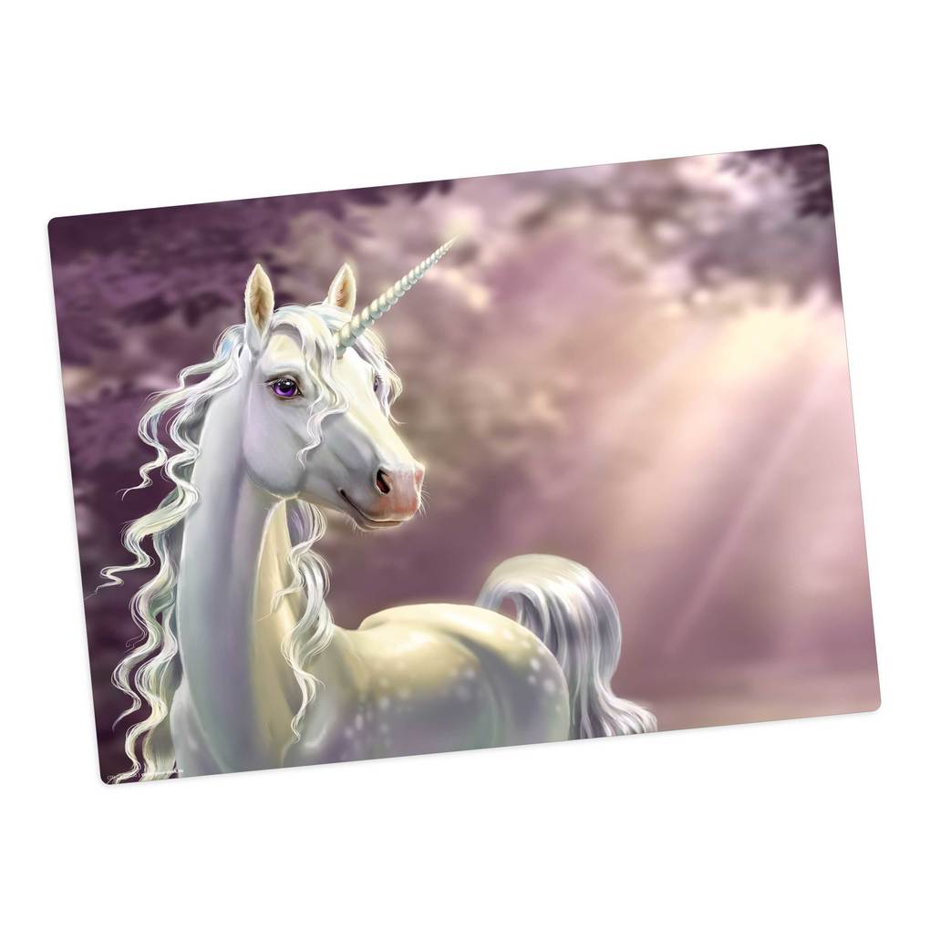 Tischsetmacher Tischset für Kinder weißes Einhorn vor lila Hintergrund aus hochwertigem Vinyl 44 x 32 cm