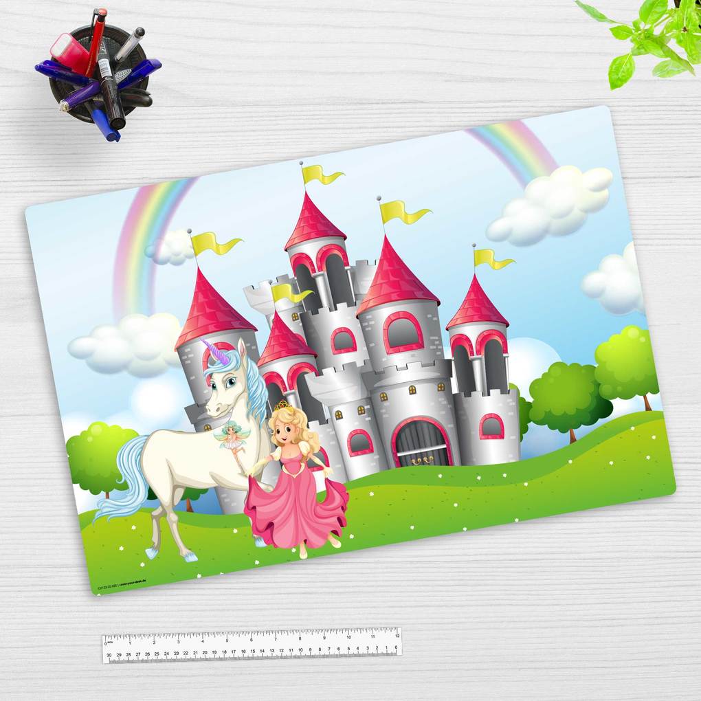Cover-your-desk Schreibtischunterlage für Kinder Märchenschloss mit Einhorn und Prinzessin aus hochwertigem Vinyl 60 x 40 cm