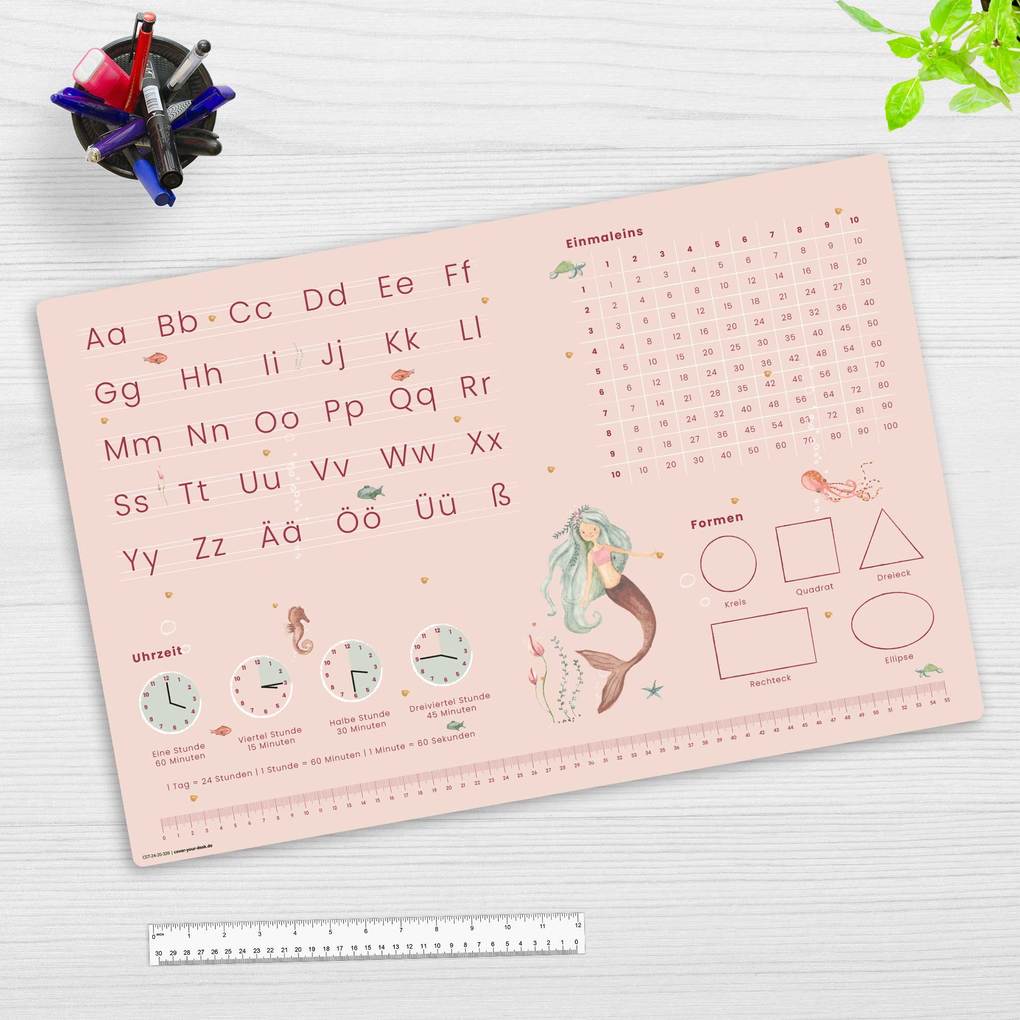 Cover-your-desk Schreibtischunterlage für Kinder Meerjungfrau Schulanfang - abc und einmaleins aus hochwertigem Vinyl 60 x 40 cm