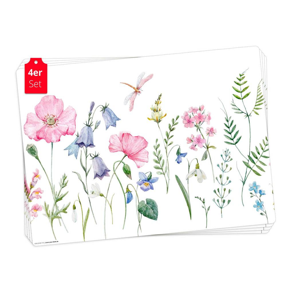 Tischsetmacher Tischsets Blumenwiese Aquarell rosa aus hochwertigem Vinyl (4 Stück) 44 x 32 cm