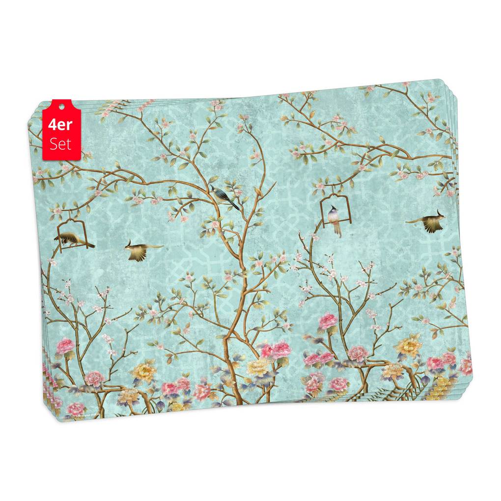 Tischsetmacher Tischsets Florales Vintage Motiv mit Vögeln aus hochwertigem Vinyl (4 Stück) 44 x 32 cm
