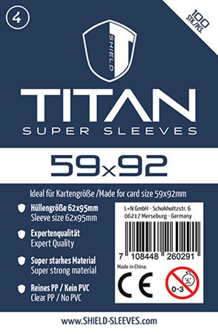 Shield Sleeves 1024472 - Shield Titan 4 100 Super Sleeves für Kartengröße 59 x 92 mm Spielkarten-Schutzhüllen