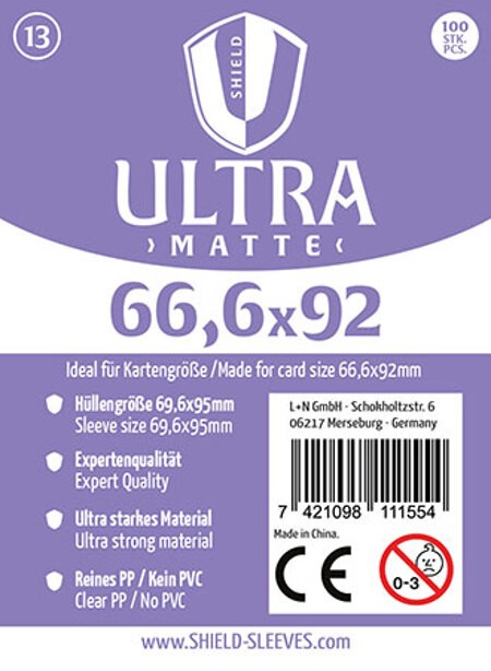 Shield Sleeves 1027381 - Shield Ultra Matte 13 100 Super Sleeves für Kartengröße 666 x 92 mm Spielkarten-Schutzhüllen