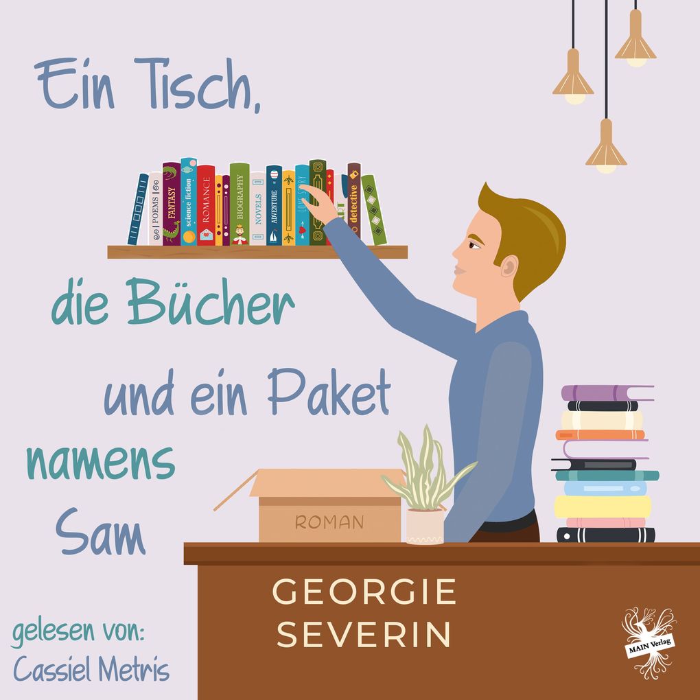 Ein Tisch die Bücher und ein Paket namens Sam