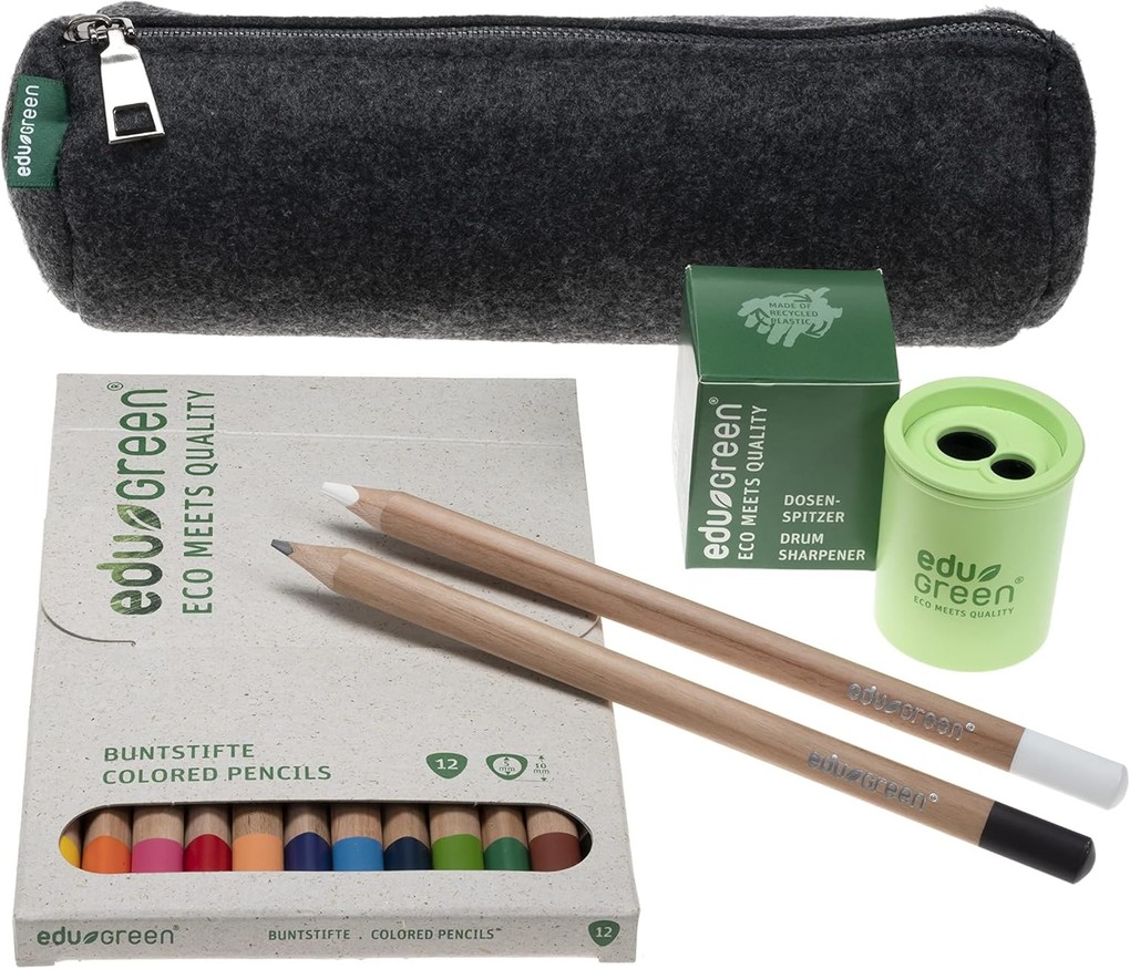 eduGREEN® 13 farbiges Buntstifte Set inkl. Dosenspitzer und Filzschlamper aus recyceltem Filz