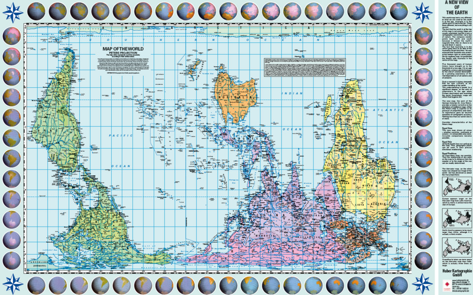 Poster Weltkarte Petersprojektion Up-side-down Englisch 130x82cm