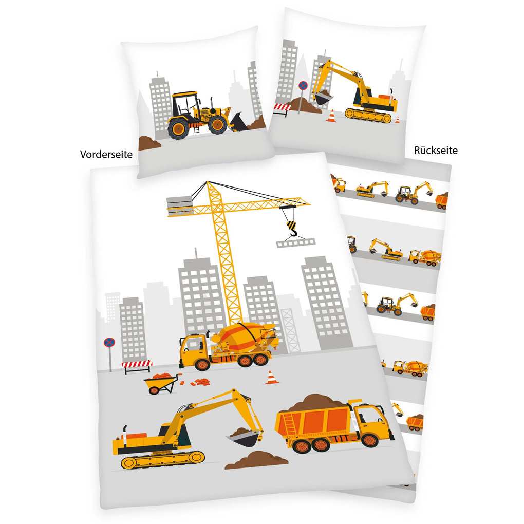 Young Collection 4451212050 - Baustelle Bettwäsche 80x80 cm + 135x200 cm 100% Baumwolle