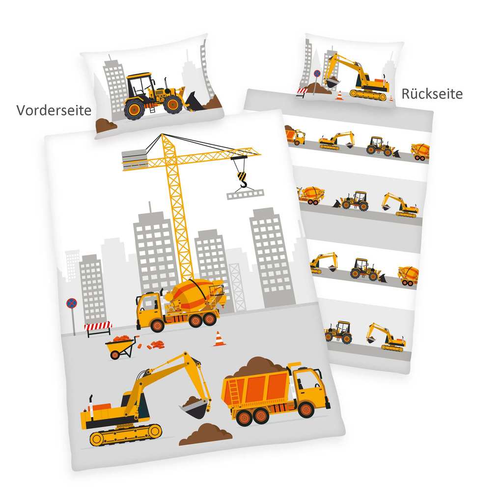 babybest® 2685207063 - Baustelle Flanell-Bettwäsche 40x60 cm + 100x135 cm 100% Baumwolle