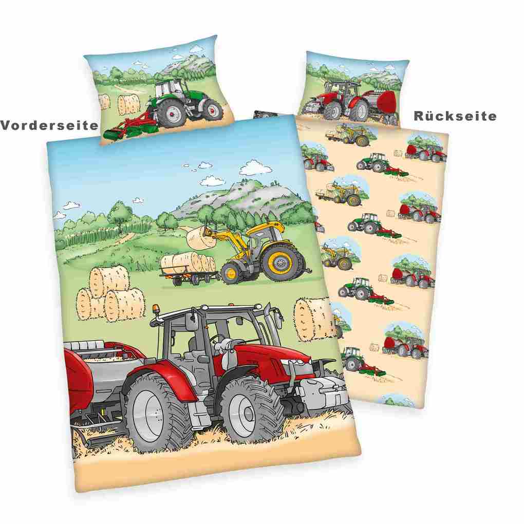 babybest® 2685243063 - Traktor Flanell-Bettwäsche (Made in Green) 40x60 cm + 100x135 cm 100% Baumwolle