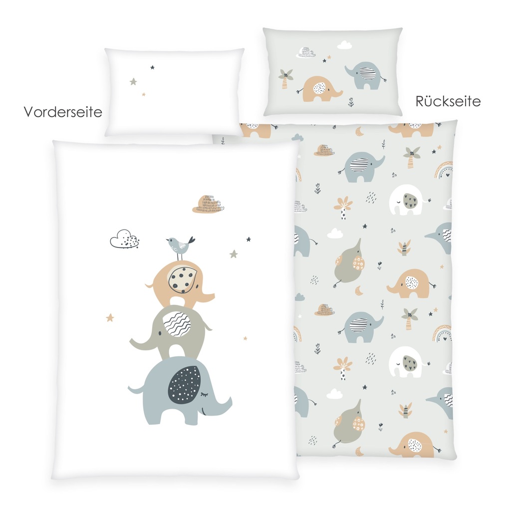 babybest® 2485261063 - Elephants Bettwäsche (Made in Green) 40x60 cm + 100x135 cm 100% Baumwolle