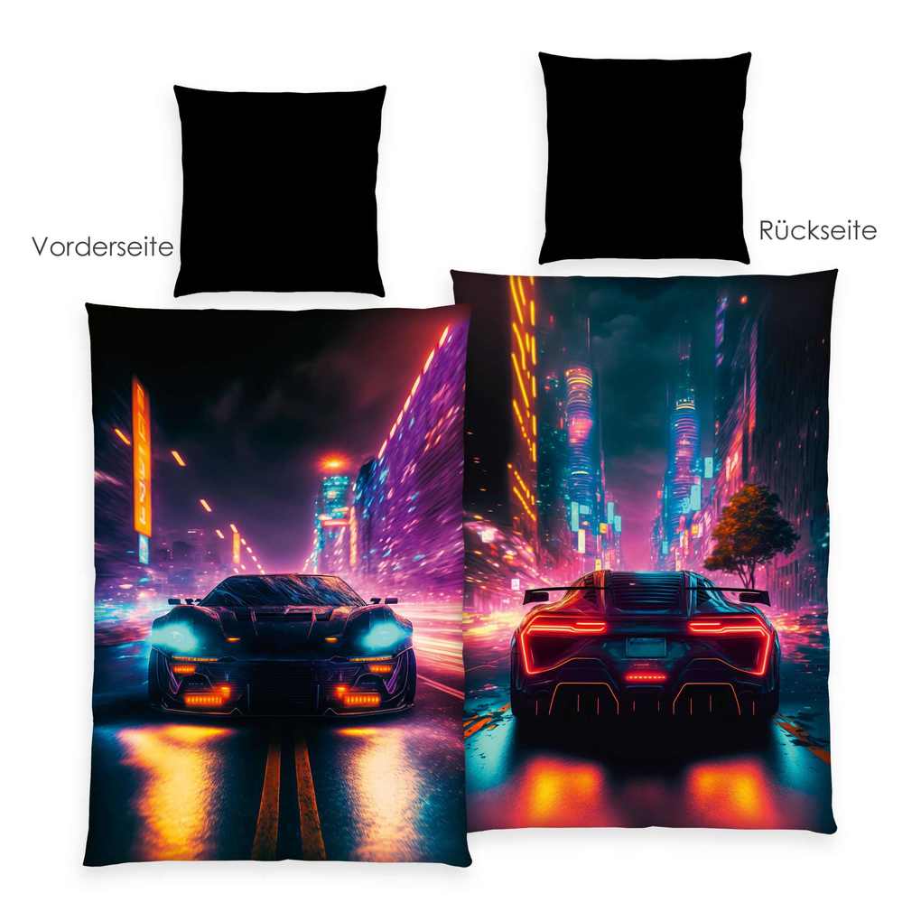 Young Collection 4859414050 - Neon Car Bettwäsche 80x80 cm + 135x200 cm 100% Polyester