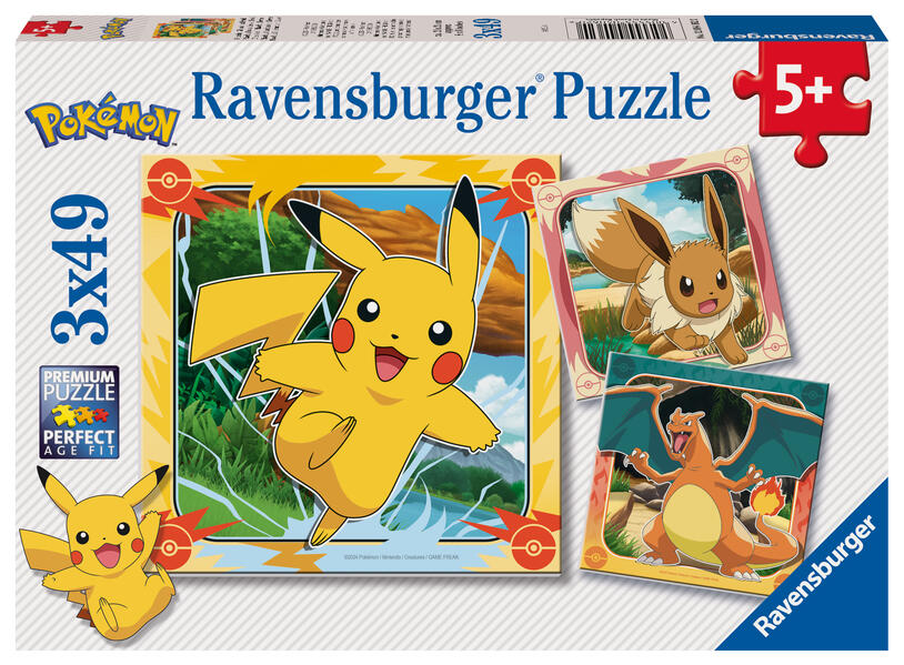 Puzzles 3x49 pièces : Pikachu, Dracaufeu et Evoli