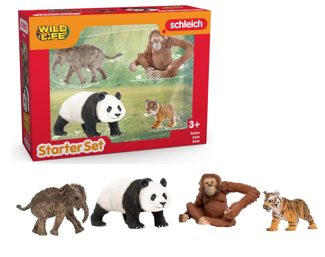 Schleich 42736 - Wild Life Asien Starter Set 4-teilig (Asiat.Elefantenbaby/Panda/Orang-Utan/Tigerjunges)