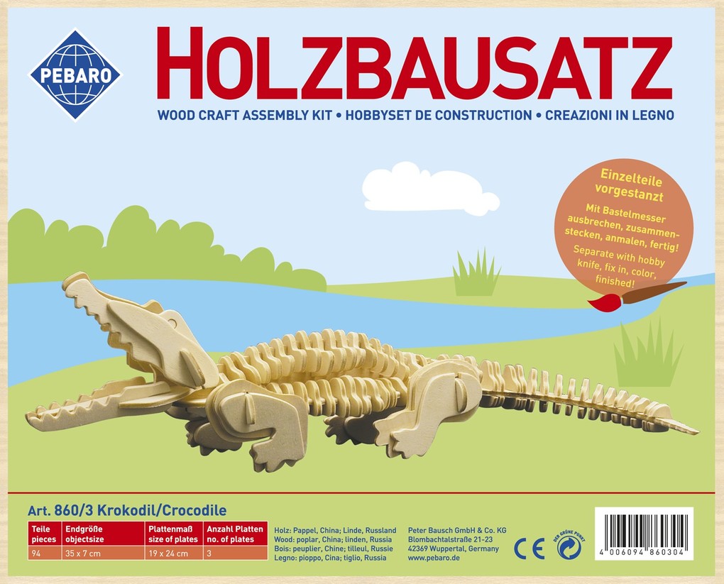 PEBARO 860/3 - Holzbausatz Krokodil 94 Teile Holzkonstruktion zum Zusammenstecken