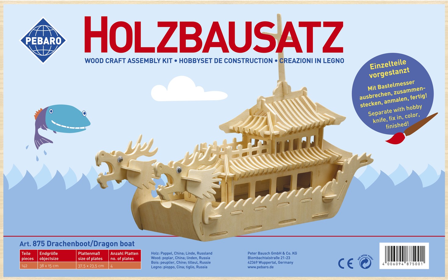 PEBARO 875 - Holzbausatz Drachenboot 142 Teile Holzkonstruktion zum Zusammenstecken