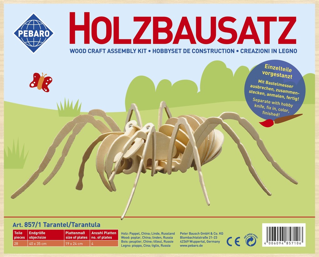 PEBARO 857/1 - Holzbausatz Tarantel Spinne 28 Teile Holzkonstruktion zum Zusammenstecken