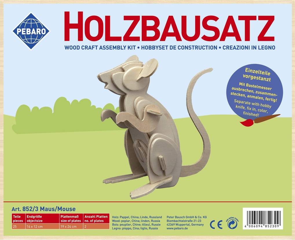 PEBARO 852/3 - Holzbausatz Maus 25 Teile Holzkonstruktion zum Zusammenstecken