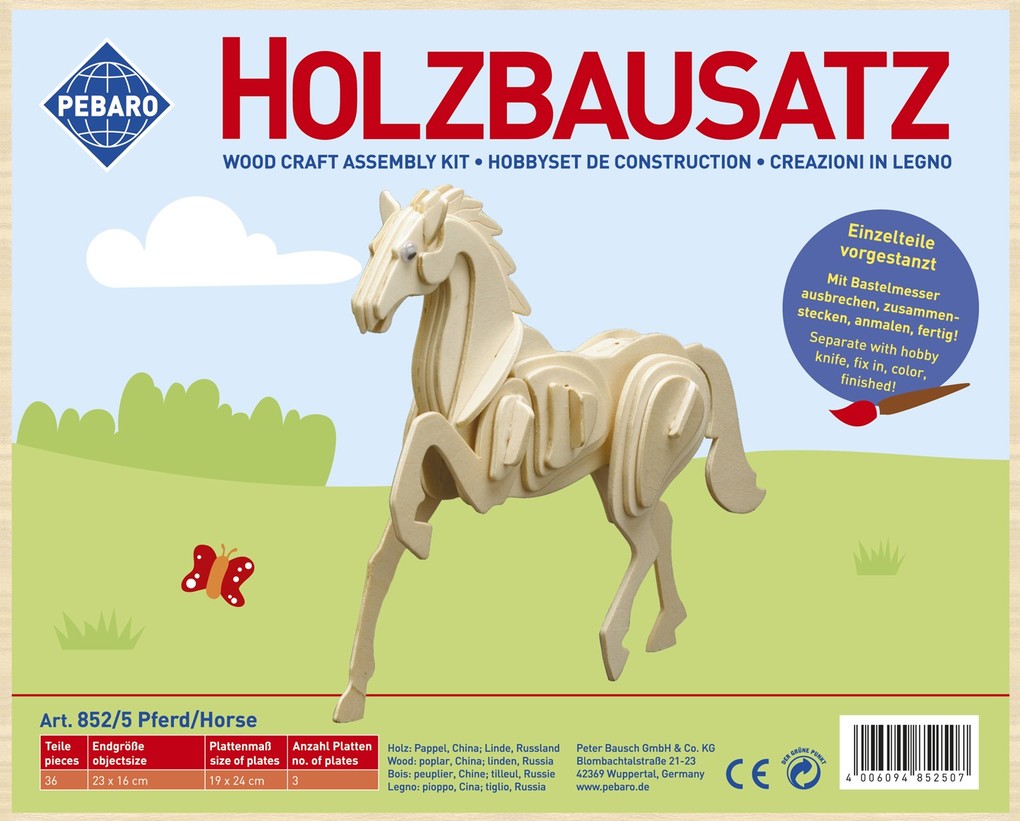 PEBARO 852/5 - Holzbausatz Pferd 36 Teile Holzkonstruktion zum Zusammenstecken