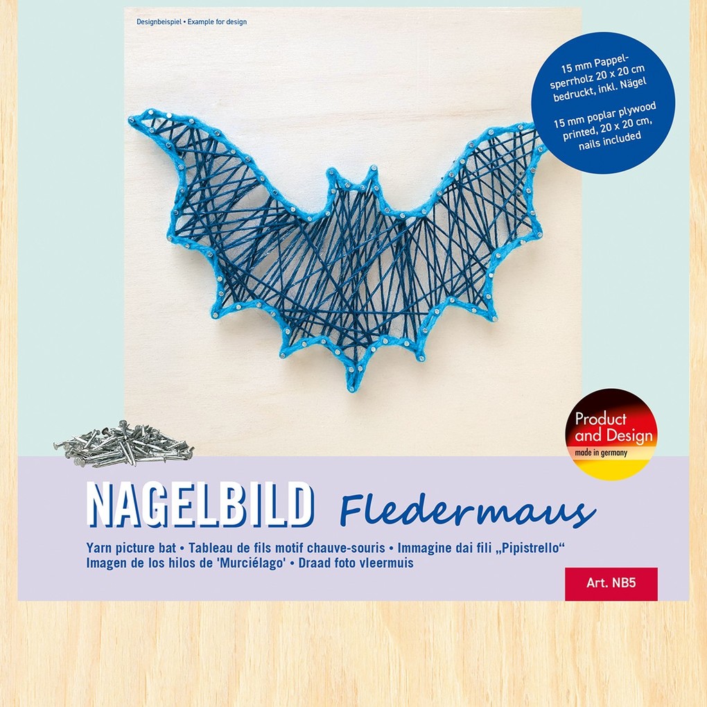 PEBARO NB5 - Nagelbild Fledermaus Fadenbild 20x20cm String Art Bastelset inkl. Nägel