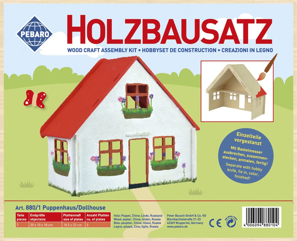 PEBARO 880/1 - Holzbausatz Puppenhaus klein ohne Möbel 7 Teile Holzkonstruktion zum Zusammenstecken