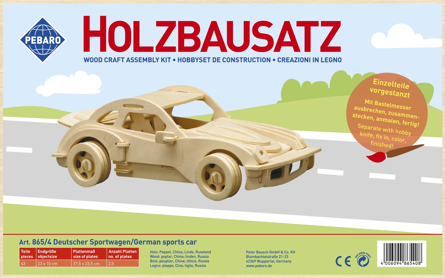 PEBARO 865/4 - Holzbausatz Deutscher Sportwagen 61 Teile Holzkonstruktion zum Zusammenstecken