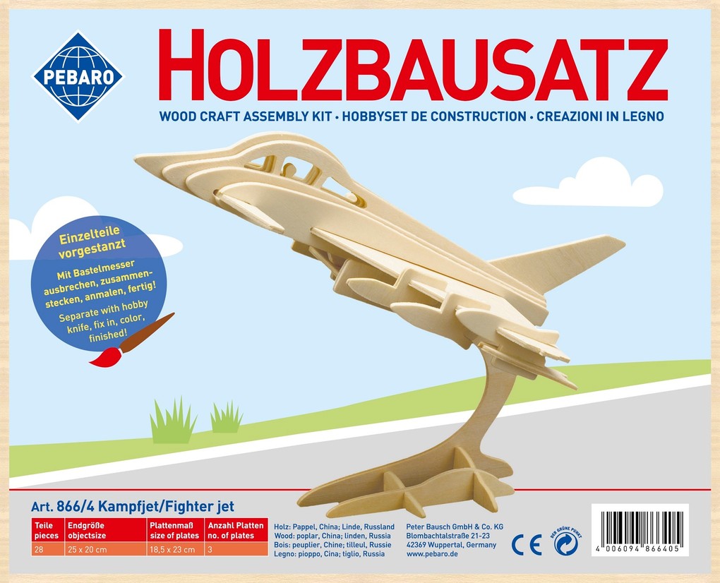 PEBARO 866/4 - Holzbausatz Kampfjet 28 Teile Holzkonstruktion zum Zusammenstecken