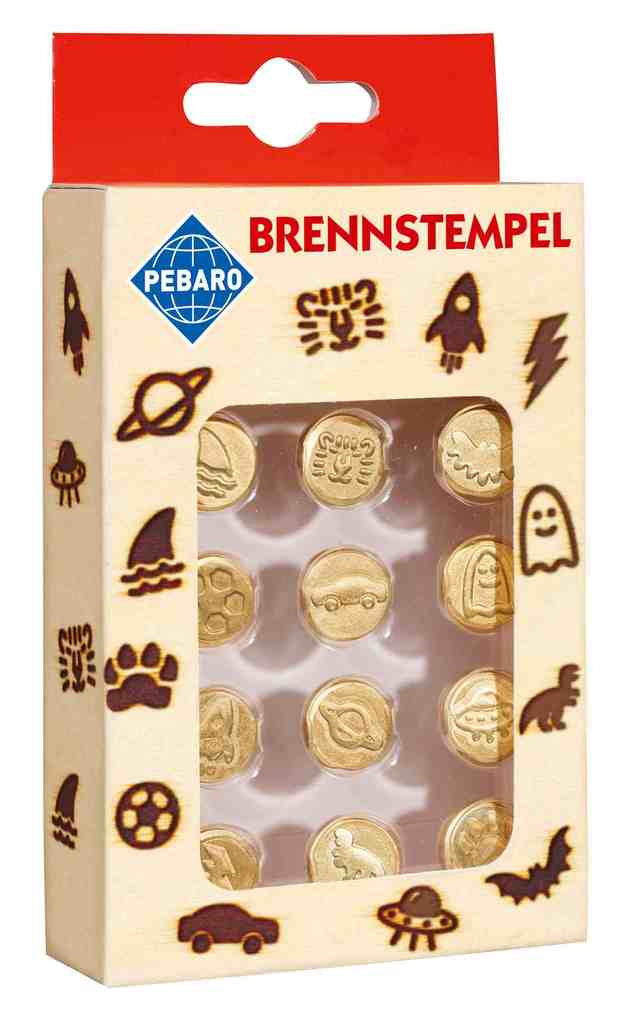 PEBARO 20800 - Brennstempel 12-teilig Motiv: Haiflosse/Tiger Fledermaus Fußball Auto Gespenst Rakete Planet/Raumschiff/Pfote/Dino/Blitz passend zum Pebaro-Brandmalkolben Brandmalerei