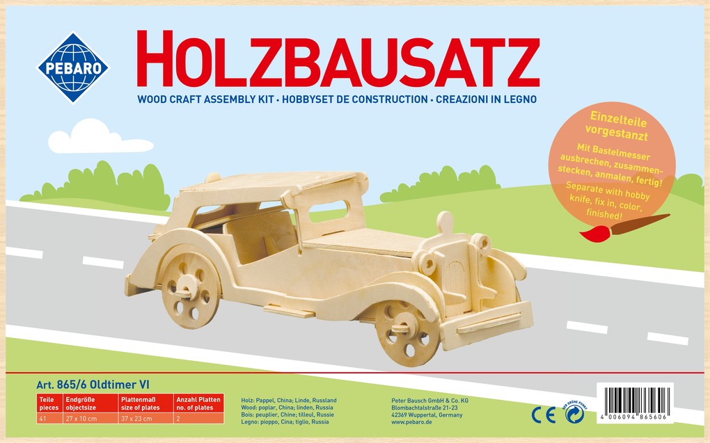 PEBARO 865/6 - Holzbausatz Oldtimer VI 41 Teile Holzkonstruktion zum Zusammenstecken