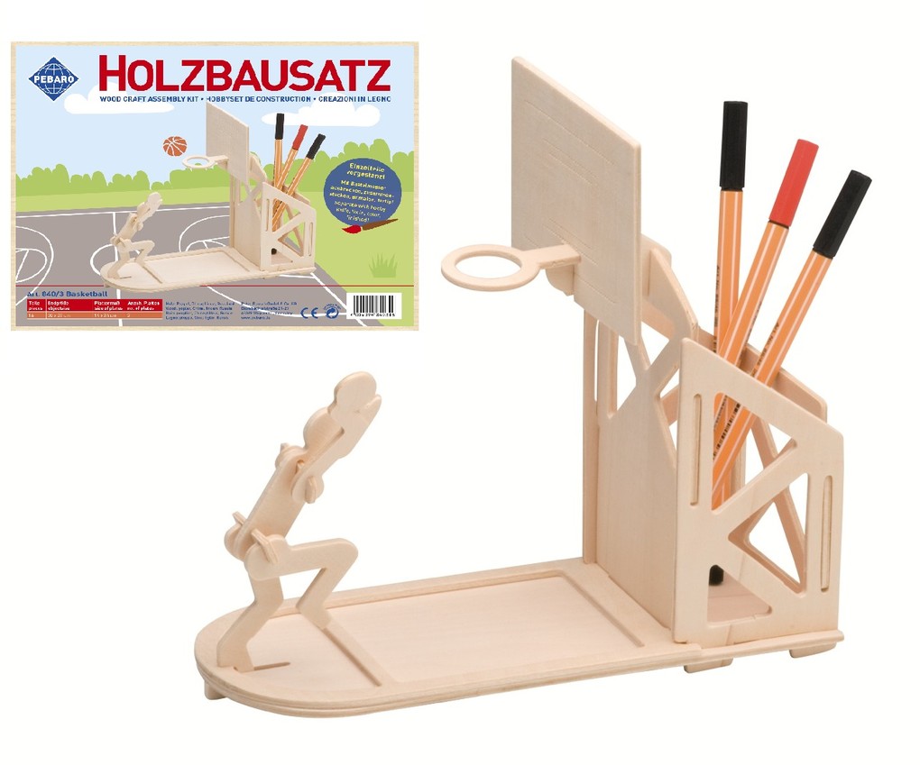 PEBARO 840/3 - Holzbausatz Stiftehalter Basketball 16-teilig Holzkonstruktion zum Zusammenstecken